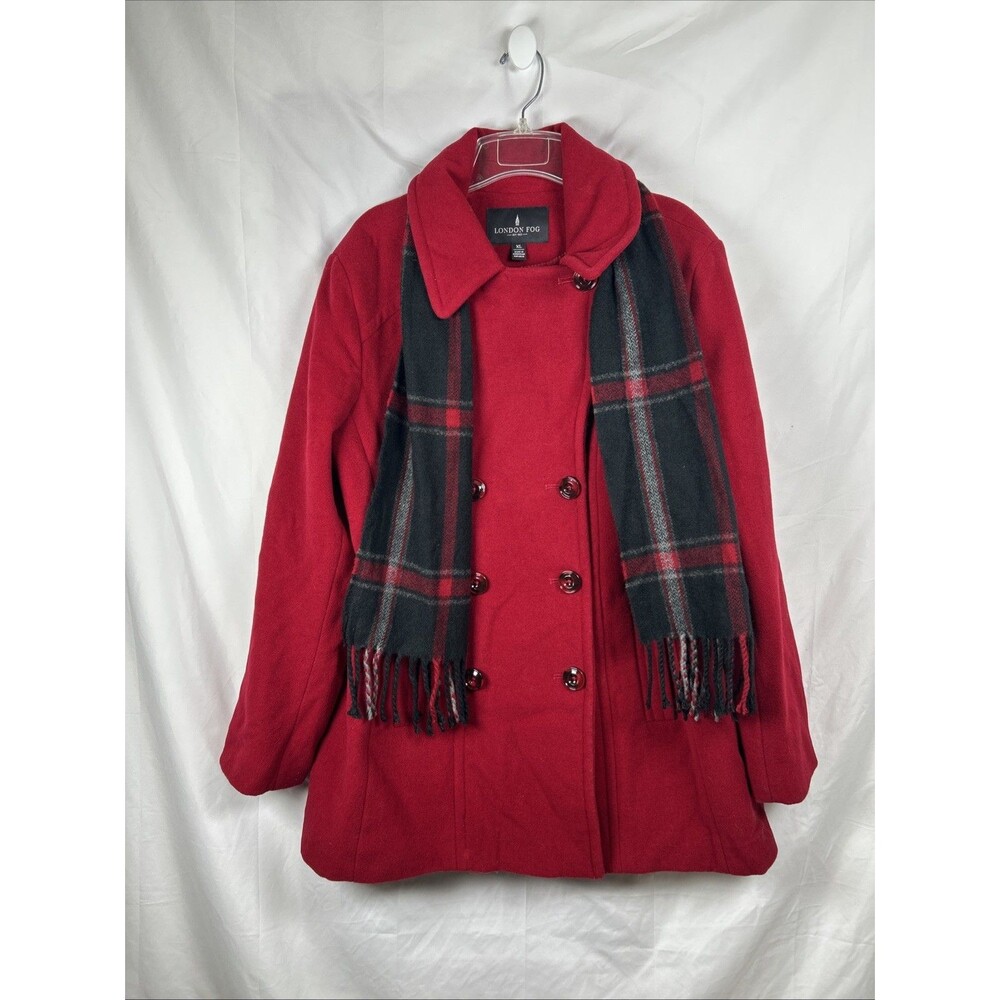 London Fog Women’s Red Wool Blend Peacoat Jacket XL w/ Plaid Scarf Red Gray